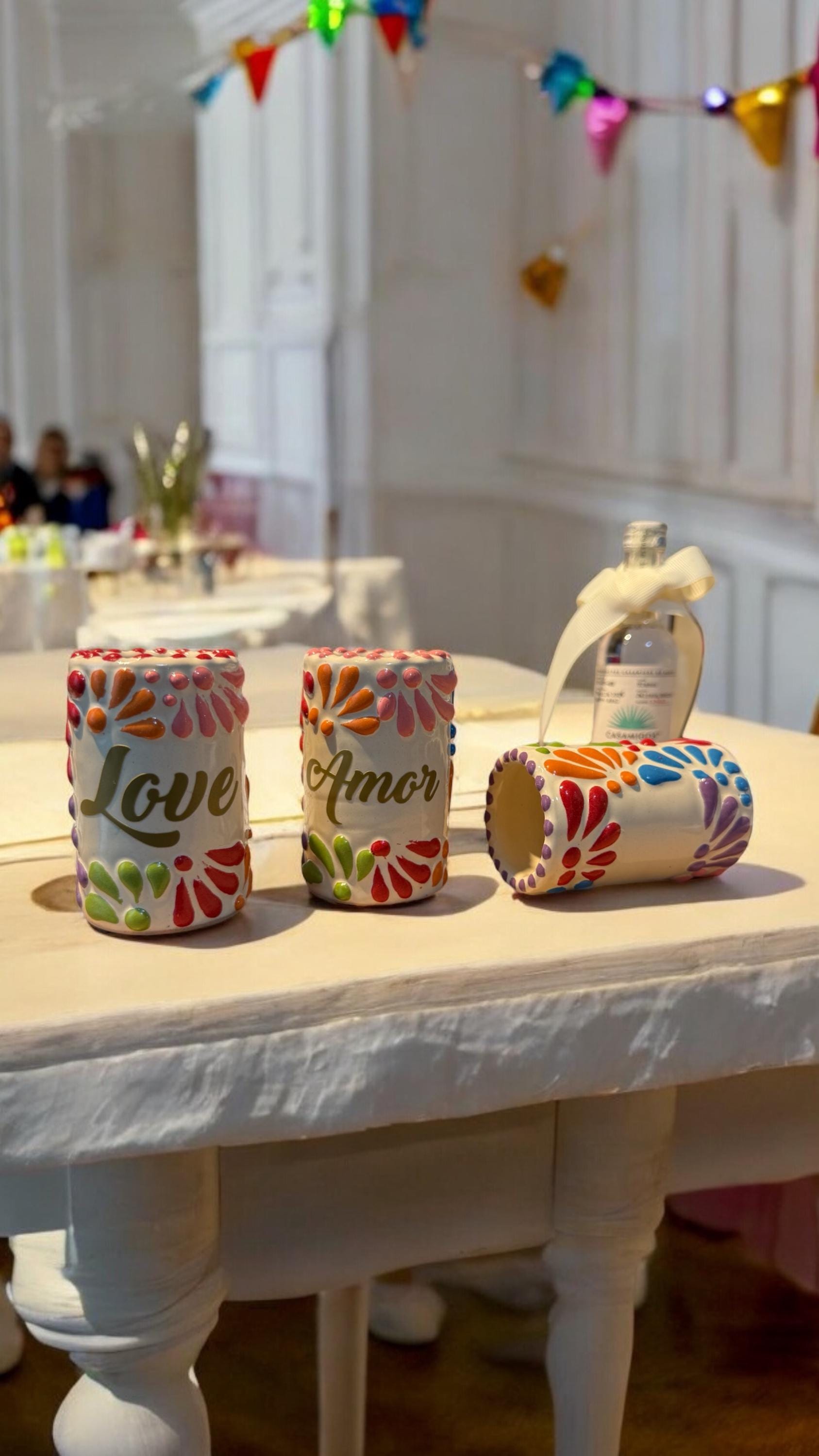 Personalized Talavera Shot Glass – Handmade Mexican Ceramic Tequilero – Custom Wedding Favor