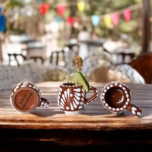 Äkta Talavera-shotglas med handtag | Handgjord mexikansk mezcalkopp | Blyfri Brown