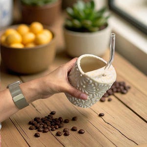 Handmade 12 oz Cream-White Talavera Travel Mug – Lead-Free Mexican Ceramic Tumbler – With or Without Straw – Artisan Gift