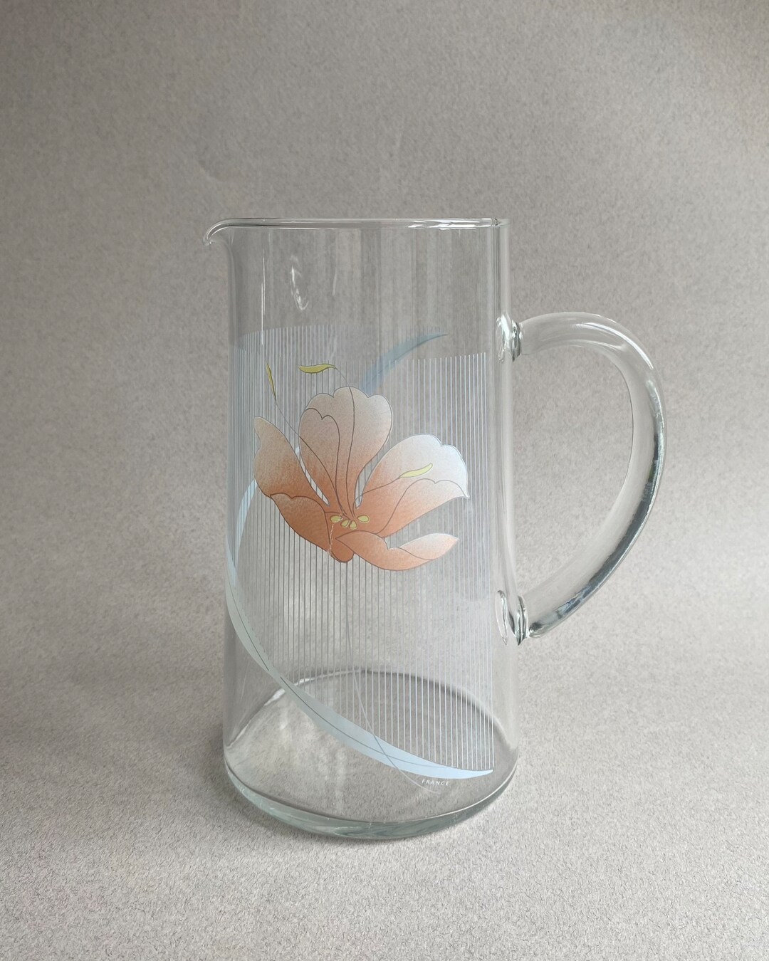 80s Floral Art Deco Revival Glass Pitcher Made in France Clear Glass