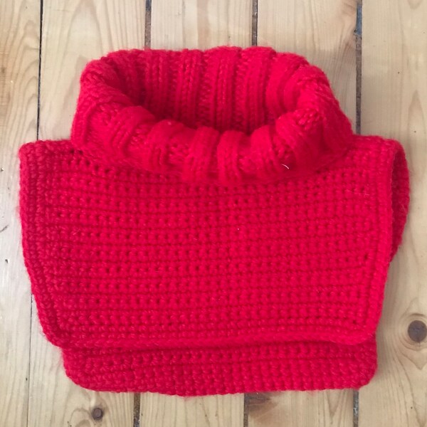 Pull à col roulé rouge en tricot fait main - Laine mélangée, vêtement à faux col roulé