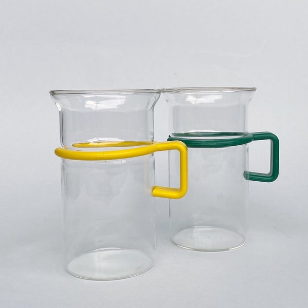 Bodum Bistro Tall Mugs - Set of 2 - Glass Beverage Mugs, Green / Yellow Handles
