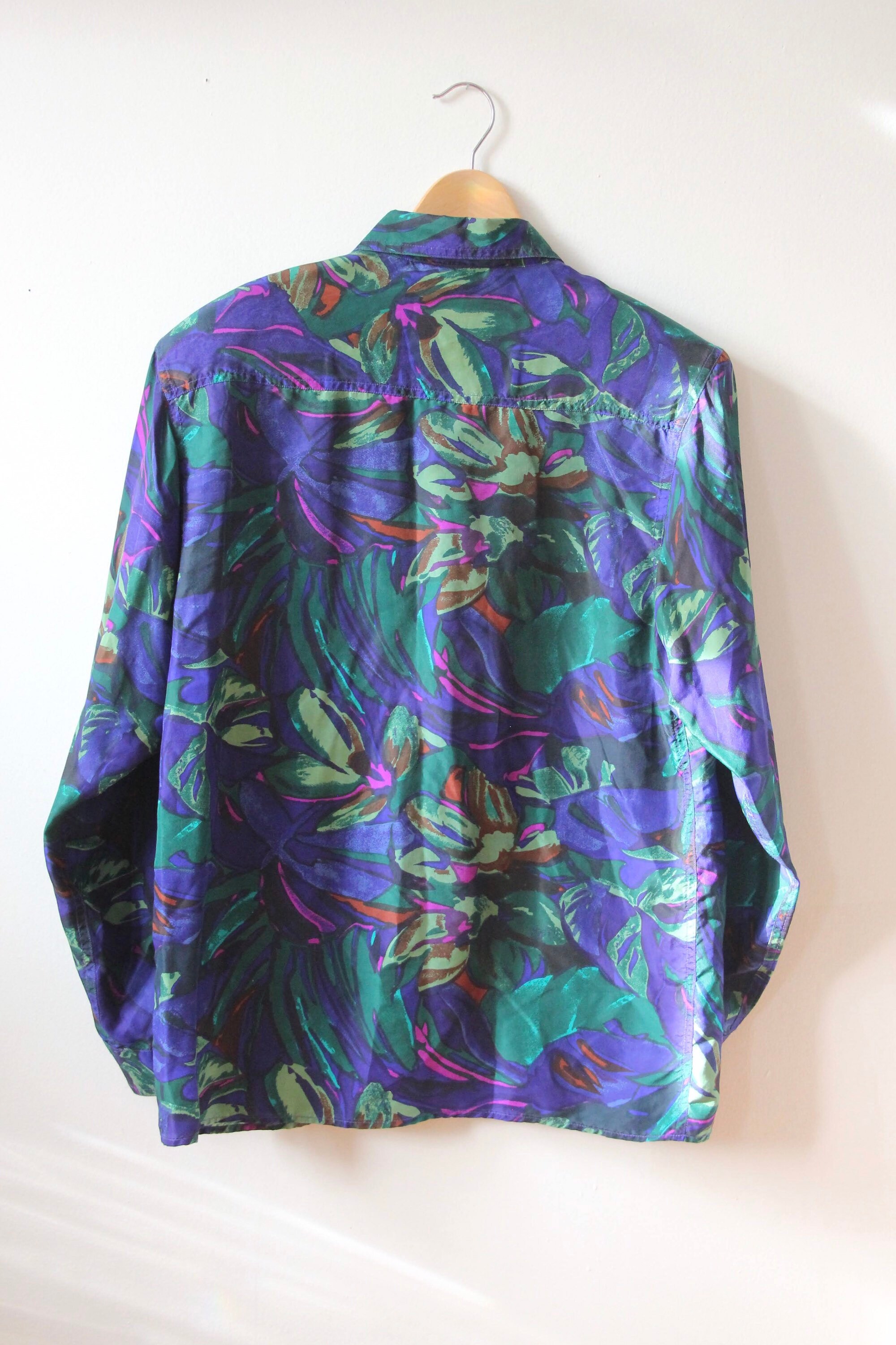 Tropical Print Silk Blouse by HER 100% Silk Navy Green | Etsy