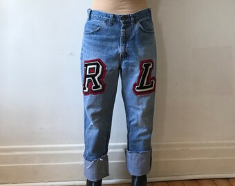 Upcycled Orange Tag Levis Denim Jeans with Ralph Lauren Patches - 32" Waist -  Medium Blue Denim - Unisex fit