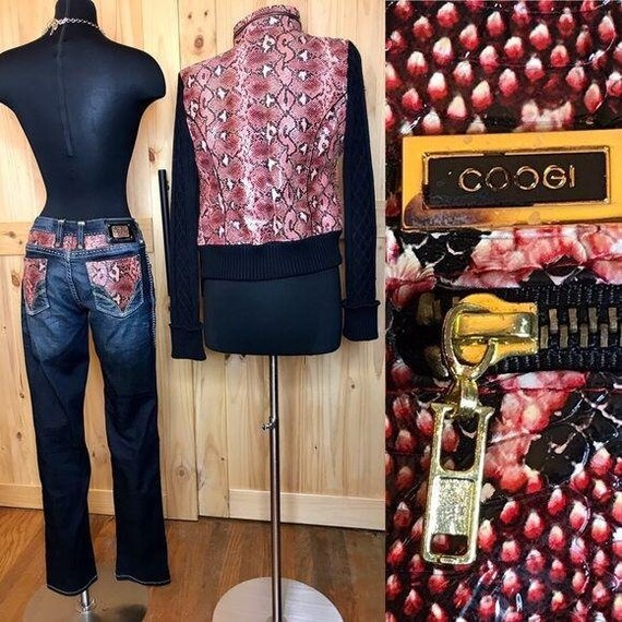 1990s COOGI leather red snakeskin jacket w jeans
