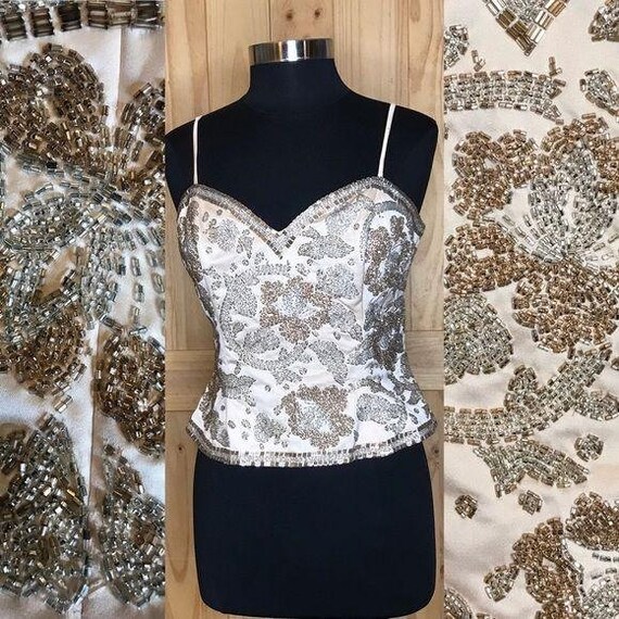 Vintage Oleg Cassini beaded corset top gold silver