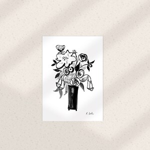 Tall Vase Flower Bouquet — Botanical A4 Black Ink Original Painting