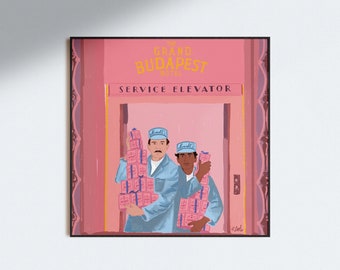 May include: Two men in blue uniforms stand in a pink elevator with the words "The Grand Budapest Hotel" and "Service Elevator" above them. They are holding stacks of pink boxes with the word "Mendl's" on them.