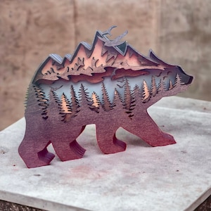3D Layered Wooden Bear: Rustic Cabin Decor, Nature Gift