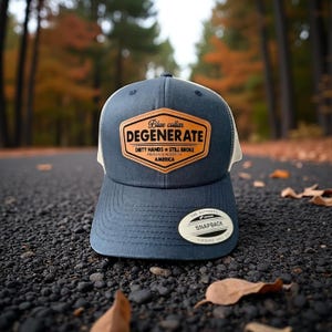 Blue Collar Degenerate Trucker Hat – Blue & Silver Snapback with Engraved Leather Patch – Gift for Tradesmen - Hard Workers