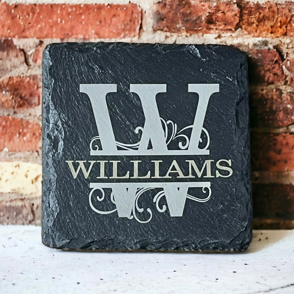 Personalized Slate Coasters - Laser Engraved Monogram Initial - Rustic Home Decor Accents - Custom Stone Drink Coasters