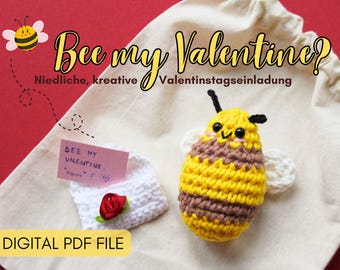 Bee My Valentine? Digital PDF File Creative Invitation Amigurumi Crochet Pattern For Valentine's Letter And Tiny Bee