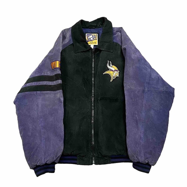 Vtg Minnesota Vikings Suede Leather Jacket Coat L G-iii Carl Banks Purple H7