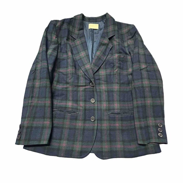 Vtg Pendleton Wool Blazer Sport Coat Jacket Plaid Flannel Blue Green Womens 8 H5