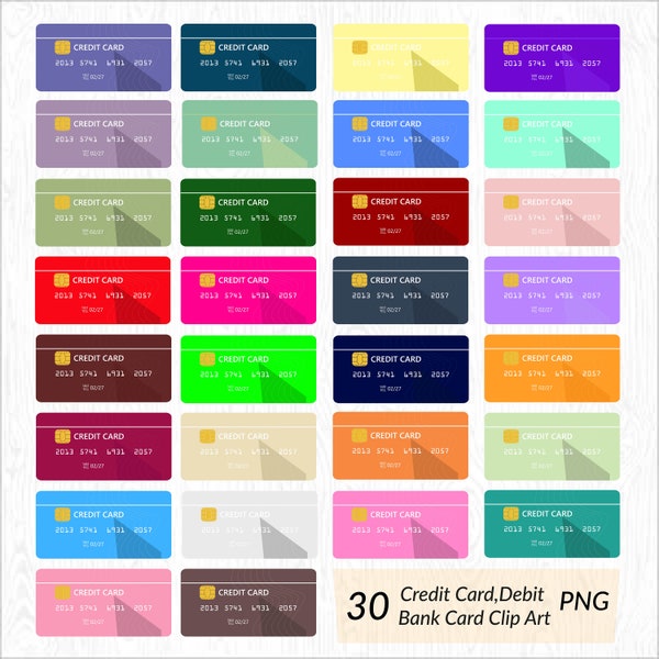 30 cartes de crédit / carte de débit Clip Art Bank Stickers, fichiers PNG imprimables - Téléchargement instantané