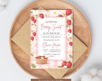 Invitación de baby shower de fresa, temática de bayas dulces, plantilla editable de Canva (descarga digital)