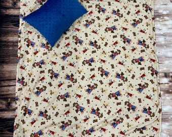 Regalo para baby shower con temática vaquera, manta de bebé estilo western con almohada, manta de osito de peluche Minky para niño, manta de cochecito estilo rodeo country Minky
