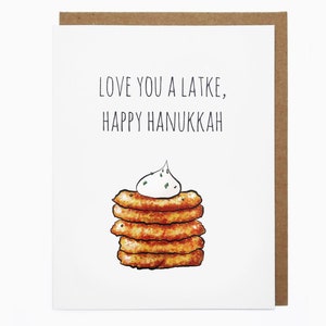 Tarjeta de Hanukkah, tarjeta festiva, tarjeta con juego de palabras, latke, crema agria, linda tarjeta de felicitación: te amo un latke, feliz Hanukkah