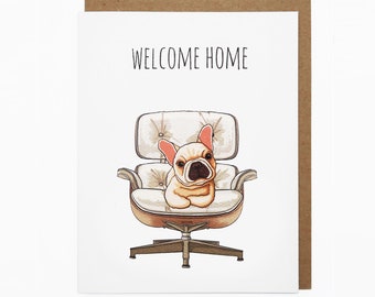 Housewarming Card, Home Card, Congratulations, Eames Chair, Furniture, Frenchie Card, Cute Greeting Card - Welcome Home