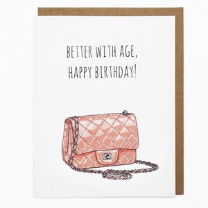Cartão de bolsa vintage, cartão de feliz aniversário, bolsa acolchoada chique, diversão, festa, cartão bonito - melhor com a idade, feliz aniversário!