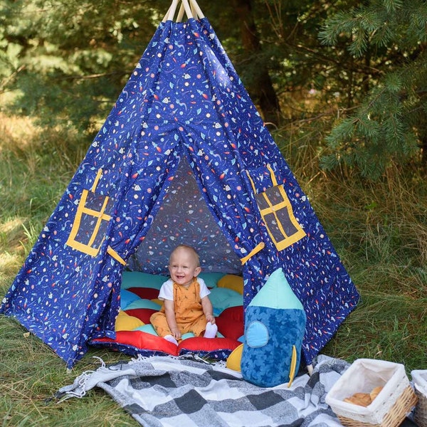 Large Teepee for kids with 6 poles and cosmos print, big set with 3 pillows, playhouse for child, play tent for child/