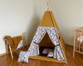 Kid teepee tent with dinosaure, mustard playhouse with dino, indoor play tent, teepee with mat for children.