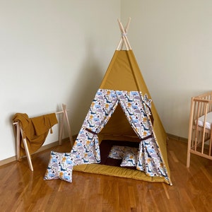 Kid Tipi mit Dinosaurier, Senf Spielhaus mit Dino, Indoor Spielzelt, Tipi mit Matte für Kinder.