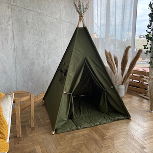 Green teepee tent with mat, tipi for kids, teepee forest for children&#39;s teepee tent