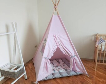 Pink teepee tent for girl, Playhouse with pompons, Teepee with ruffle, Minicamp tent for kids, Princess playtent with pompons