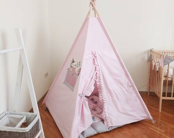 Pink teepee tent for baby girls, kid indoor tent, playhouse for babies, children's play tent.