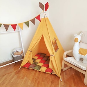 Solid mustard teepee for kid, teepee with soft mat, playhouse for kid, teepee for pajama party, best Christmas gift from grandparents.