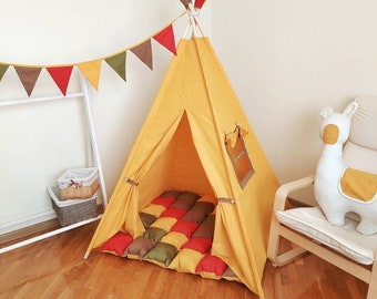 Solid mustard teepee for kid, teepee with soft mat, playhouse for kid, teepee for pajama party, best Christmas gift from grandparents.