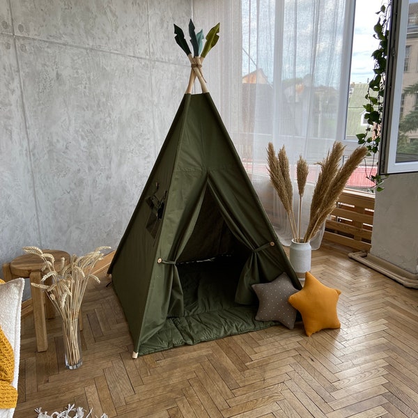Green teepee with muslin pillows , tipi for kids, teepee forest for children's teepee tent