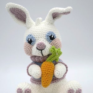 Könnte beinhalten: Ein weißer Häkel-Hasen mit einer Karotte in den Pfoten. Der Hase hat rosa Wangen, blaue Augen und einen lila-blauen gestreiften Pullover. Es liegt eine zweite Karotte auf dem Boden.