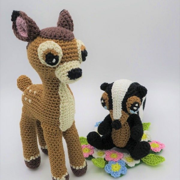 Crochet pattern amigurumi bambi deer skunk flower meadow