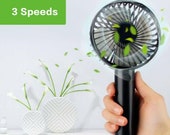 Mini Electric Hand Fan - 3 Speed USB Powered Handheld Cooler Battery Stand Desk Air Cooling Standing Home Office Not Bladeless Rechargeable