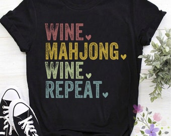 Funny Retro heart Mahjong Shirt Mah Jong Wine Lover Tshirt Gift, Retro Vintage Wine Mahjong Wine Repeat Unisex T-Shirt