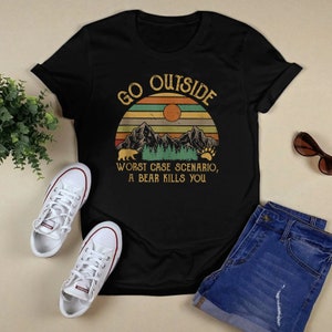 Camicia da trekking, Camicia da campeggio, Vai fuori Scenario peggiore Un orso ti uccide vintage, camicia da avventura, camicia da viaggio, camicia amante della natura