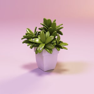 Può includere: Una pianta succulenta verde vibrante in un vaso bianco quadrato. La pianta ha molteplici foglie verdi lucide. Il vaso è posto su uno sfondo rosa sfumato, creando un'estetica moderna e minimalista.