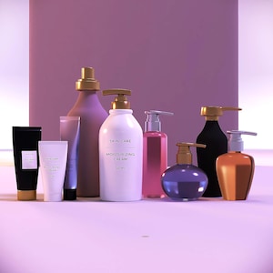 May include: A collection of skincare products, including bottles and tubes, in various shapes and sizes. The bottles have gold-colored pump tops and are in shades of white, black, purple, pink, and orange. Some bottles are labeled "Skin Care Moisturizing Cream 50 ml."