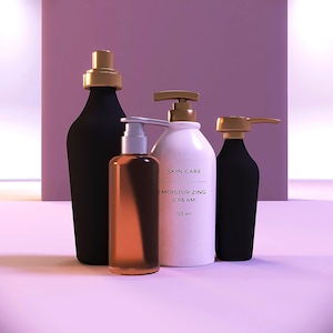 May include: A collection of skincare product bottles in various shapes and sizes. The bottles are black, white, and amber, with gold-colored pump dispensers. One white bottle is labeled "SKIN CARE MOISTURIZING CREAM 50 ml."
