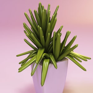 Puede incluir: Una planta verde brillante con hojas puntiagudas en una maceta cuadrada blanca. Las hojas de la planta son de un verde vivo, contrastando con la maceta blanca. El fondo es un degradado suave de rosa y melocotón.