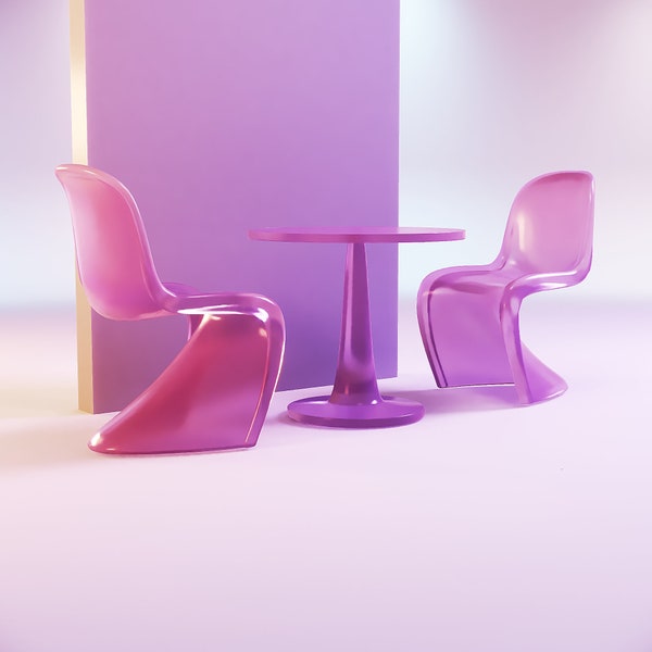 Barbie ghost chair and table 3d printed stl files, gabby dollhouse toy dining table and chairs, doll house furniture and miniatures