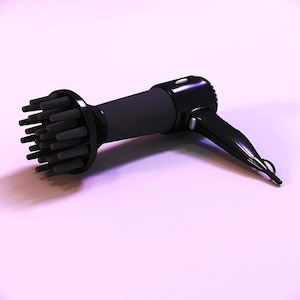 May include: A black hair dryer with a diffuser attachment. The dryer has a sleek design with a handle and a nozzle with multiple prongs. The dryer is on a light pink surface.