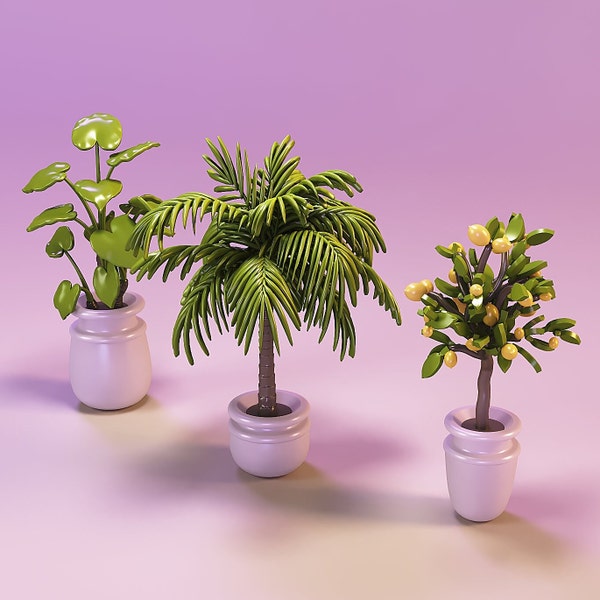 Miniature dollhouse furniture palm and lemon tree in pots 3d printed files stl, digital print set, gabbys dollhouse kit, barbie house toy