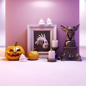 ミニチュアハロウィンカボチャとガーゴイルのSTL、ドールハウスの不気味な装飾3Dプリントファイル