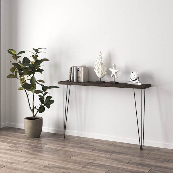 Console étroite rustique avec pieds en épingle à cheveux, table de couloir rustique en bois.