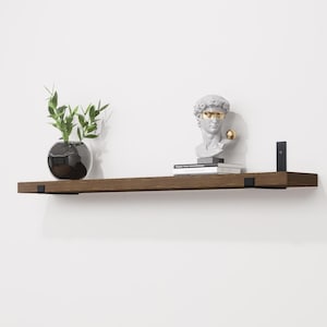 Black Wooden Shelf with Industrial Metal Brackets | Custom-Sized Floating Shelf | Shelf with Flat Bracket Design | Heavy-Duty Rustic Shelf