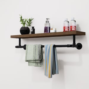 Steampunk Pipe Towel Holder with Shelf – Industrial Metal Towel Bar for Bathroom Organization, Unique Handmade Gift