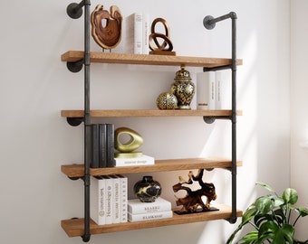 Industrial Floating Long Wood Shelves,Rustic Farmhouse Pipe Wall Unit, Floating Open Kitchen Shelves, Farmhouse Pipe Shelves, Bookcase